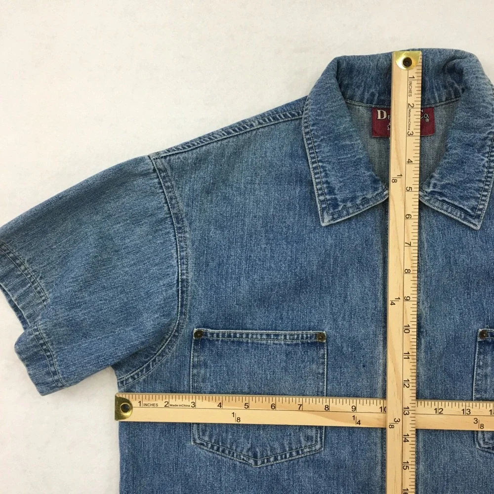Vintage Denim Co Men's Y2K Medium M Short Sleeve Full‎ Zip Denim Shirt Blue